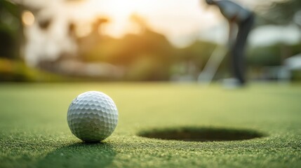 A close-up of a golf ball on a putting green, with a blurred golfer in the background, capturing a serene moment in the game during sunset.