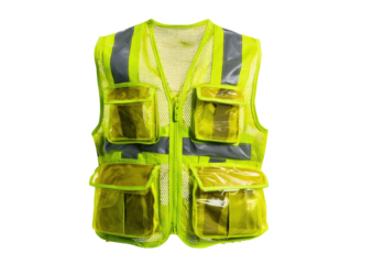 Bright yellow mesh safety vest with reflective stripes & translucent pockets