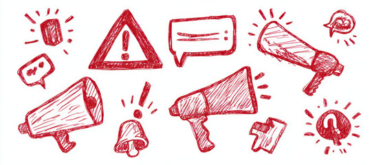 Hand drawn icons featuring megaphones, alert symbols, and speech bubbles, perfect for web design and communication themes. These expressive elements convey urgency and attention