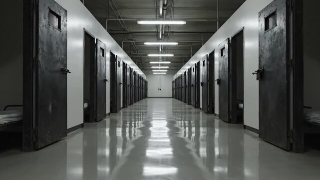 A long prison cell block corridor with multiple open doors revealing simple beds under bright overhead fluorescent lights with a highly reflective floor