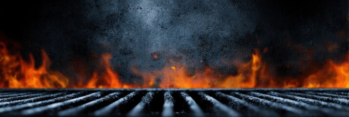 A dramatic image featuring flames and smoke on a dark background, creating a striking contrast with a textured surface below.