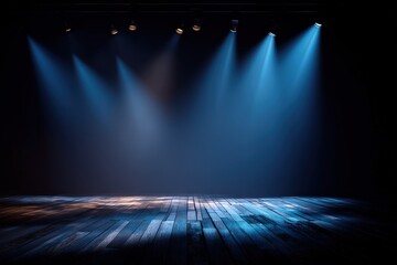 A dimly lit stage with blue spotlight beams illuminating a wooden floor, creating a dramatic atmosphere for performance or presentation.