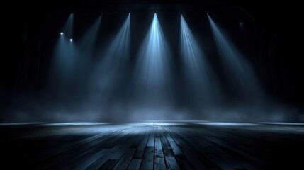 A dimly lit stage with dramatic lighting and a wooden floor, creating a mysterious atmosphere, perfect for performances or events.