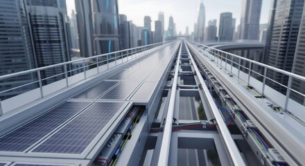 Elevated track with solar panel for future transport. Sustainable city infrastructure for eco friendly energy. Modern urban transport system.