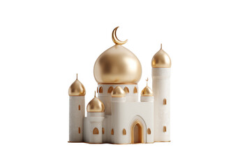 Beautiful 3D model of mosque featuring golden dome and minarets, set against transparency background. intricate design and elegant architecture evoke sense of peace and spirituality