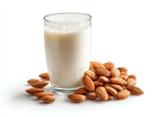 Glass of milk sits next to pile of almonds, creating wholesome and nutritious scene. creamy texture of milk contrasts beautifully with crunchy almonds, evoking sense of health and vitality