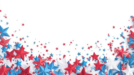 A vibrant arrangement of red, white, and blue stars in various sizes, creating a festive and patriotic atmosphere against a clean white background.