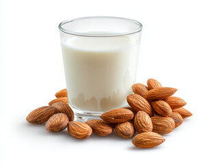 Glass of milk surrounded by pile of almonds creates wholesome and nutritious scene. creamy texture of milk contrasts beautifully with crunchy, brown almonds, evoking sense of health and vitality