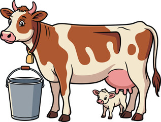 Dairy Cow with Cute Calf and Milk Pail Farm IllustrationDairy Cow with Cute Calf and Milk Pail Farm Illustration