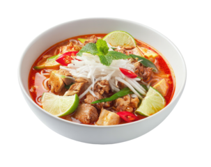 Spicy Asian soup with noodles, tofu, lime, sprouts and mint in white bowl