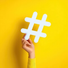 A hand holds a large white hashtag symbol against a vibrant yellow background, symbolizing social media and connectivity.