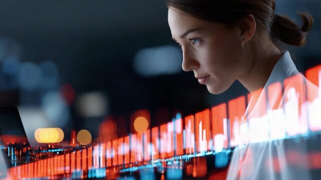 Analyzing Financial Data: A focused woman intently studies a dynamic display of financial data, delving deep into the complexities of market analysis and strategic decision-making.