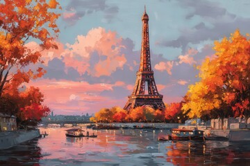 Obraz premium A vibrant autumn scene showcasing the Eiffel Tower surrounded by colorful foliage and a serene river.