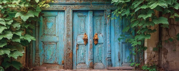A vibrant, weathered blue door adorned with intricate carvings, surrounded by lush green vines, suggesting a blend of nature and history.