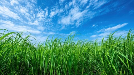Lush green grass stretches under a bright blue sky adorned with wispy clouds, creating a vibrant and serene landscape.