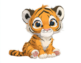 Cute cartoon tiger cub with big eyes sitting down, showcasing playful and adorable expression. This charming character is perfect for children illustrations and designs
