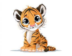 Cute cartoon tiger cub with big eyes sitting down, showcasing playful and adorable expression. This charming character is perfect for children illustrations and animations