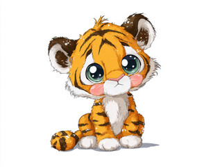 Cute cartoon tiger cub with big eyes sitting down, showcasing playful and adorable expression. This charming illustration captures essence of young tiger in whimsical style