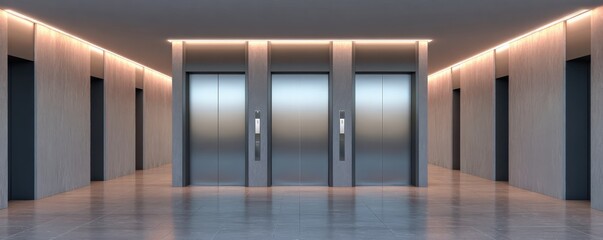 A modern corridor featuring sleek elevator doors, minimalist design, and soft ambient lighting.