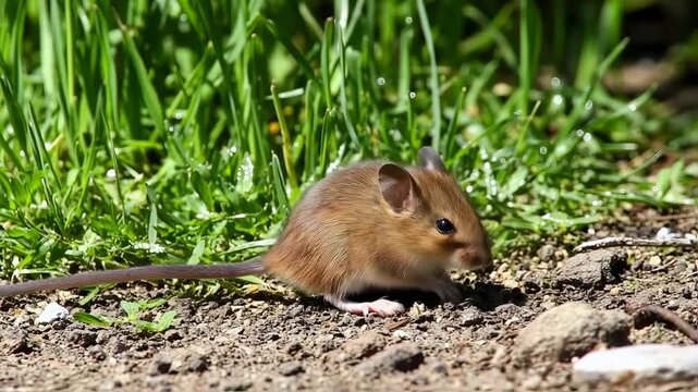 Wild brown field mouse foraging for food amidst lush green grass in natural habitat