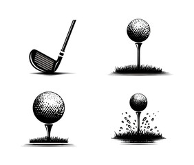 Golf club and ball illustrations showcase various golfing actions, including club striking ball, ball on tee, and ball in motion. These vector icons represent sport dynamic nature and excitement