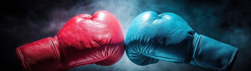 Two boxing gloves, one red and one blue, collide against a smoky backdrop, symbolizing competition and strength in the sport of boxing.