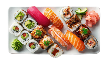 Assorted sushi on white rectangular plate, nigiri and maki rolls presented