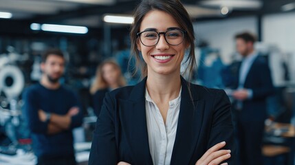 A confident woman in business attire smiles at the camera, surrounded by colleagues in a modern office setting, showcasing a collaborative environment.