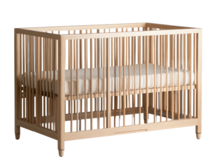 Minimalist wooden crib with mattress, vertical slats, light wood tone