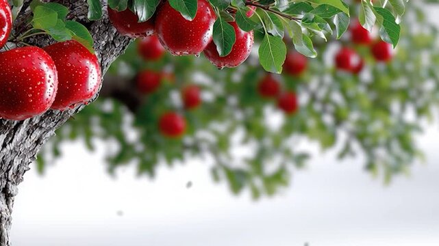 Bright red apples hang from a sturdy tree, glistening with morning dew. The lush green leaves surround them, creating a peaceful and fresh atmosphere in the beautiful orchard