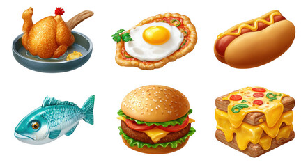 Delicious food icons featuring roasted chicken, fried egg, hot dog, fish, hamburger, and cheesy pizza. These vibrant illustrations evoke sense of appetite and culinary delight