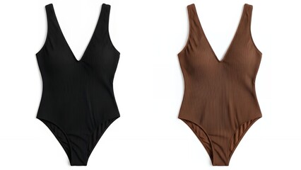 Stylish Ribbed Bodysuits with Textured Pattern in Black and Earthy Brown, Women's Fashion