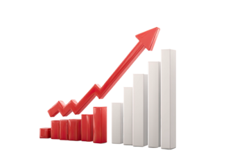 Rising bar chart with upward red arrow, signifying progress, against black