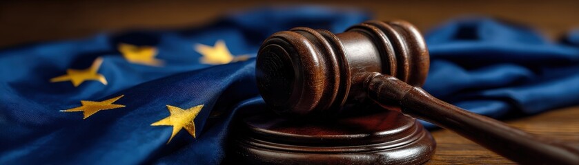 A wooden gavel rests on a blue flag with stars, symbolizing law, justice, and the European Union.