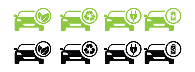 Eco-Friendly Electric Vehicle Icon Set: Green and Black Sustainable Transport Vector Symbols