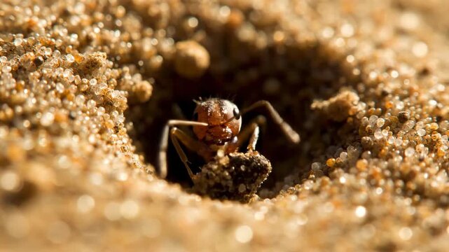 Ant emerging from a sandy nest burrow in golden light, close up view