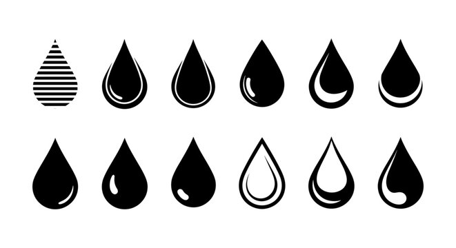 Water liquid drop vector icon set with black silhouette and outline style isolated on white background