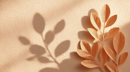 A serene composition featuring delicate, light-colored leaves casting shadows on a textured background, evoking a calm and natural atmosphere.