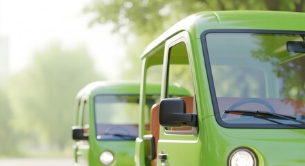 Green electric delivery van car or auto rickshaw on road. Eco friendly vehicle for smart city transport and sustainable environmental future.