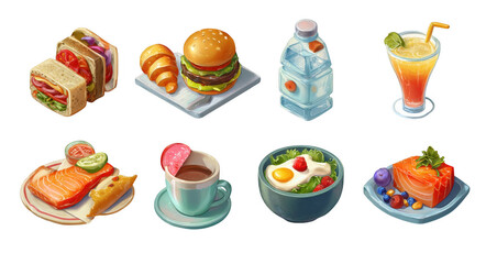 Delicious food icons including sandwich burger milk carton cocktail salmon coffee salad and dessert create vibrant and appetizing illustration