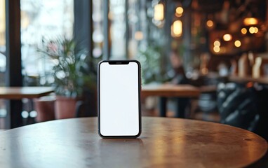 Smartphone on Wooden Table with Blank Screen in Cozy Caf&eacute; Setting