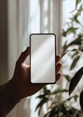 Hand Holding Smartphone with Blank Screen Near Window and Plants
