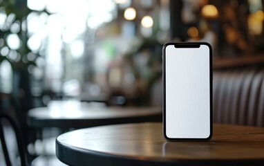 Minimalist Smartphone on Wooden Table in Cozy Cafe Environment
