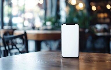 Blank Smartphone Displayed on Wooden Table in Modern Caf&eacute; Setting
