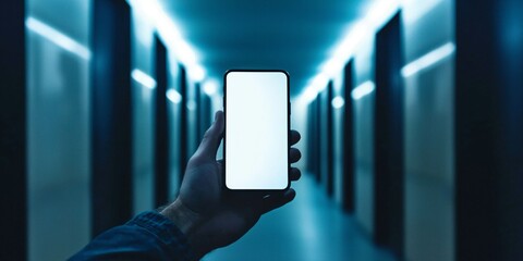 Hand Holding Smartphone in a Dark Blue Lit Corridor at Night
