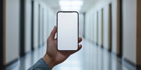 Hand Holding Blank Smartphone in Modern Indoor Hallway Setting