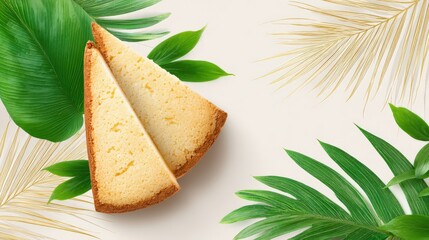 A delicious slice of cake rests on a light background, surrounded by vibrant green tropical leaves, creating a fresh and inviting atmosphere.