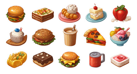 Delicious food icons featuring variety of items including burgers, desserts, and beverages, perfect for menus or culinary designs. Each icon showcases vibrant colors and appealing details