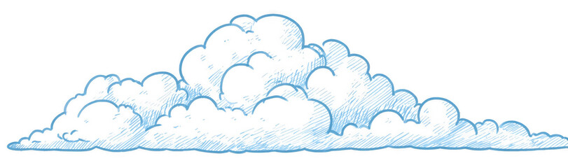 Simple cartoon sketch of cloud, featuring fluffy and whimsical design with varying shades of gray and blue. This illustration evokes sense of calm and creativity
