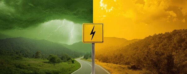 A striking image contrasts a stormy green landscape with a sunny orange one, featuring a warning sign for electricity along a winding road.